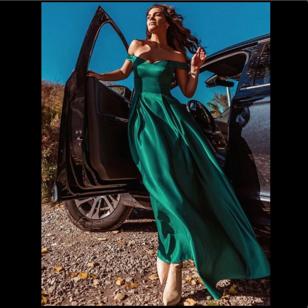 Off Shoulder Pleated Satin Dress